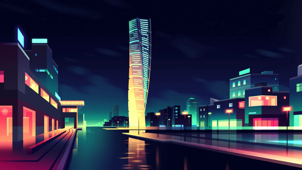 Vibrant 4K Minimalist Cityscape Wallpaper: Neon Night Elegance