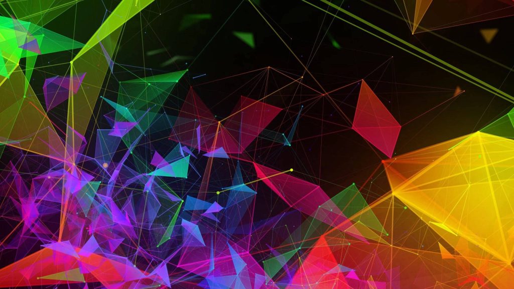 Vibrant 4K digital art with glowing rainbow geometric network on black background Razer Prism style Wallpaper