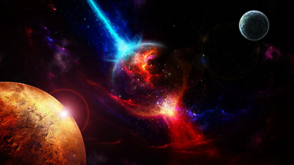 Vibrant 4K space wallpaper with colorful planets and glowing nebulae in a cosmic backdrop.