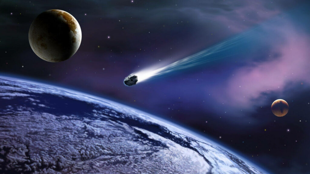 Vibrant 4K space wallpaper with planets, asteroids, and colorful nebulae in cosmic background.