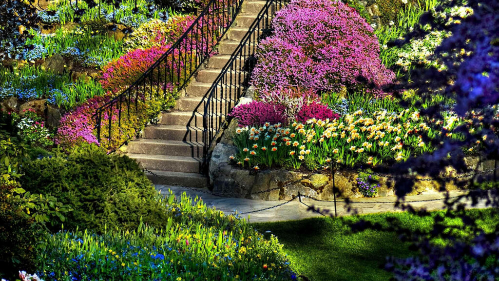 Vibrant 4K Spring Garden Wallpaper with Colorful Blooms & Staircase