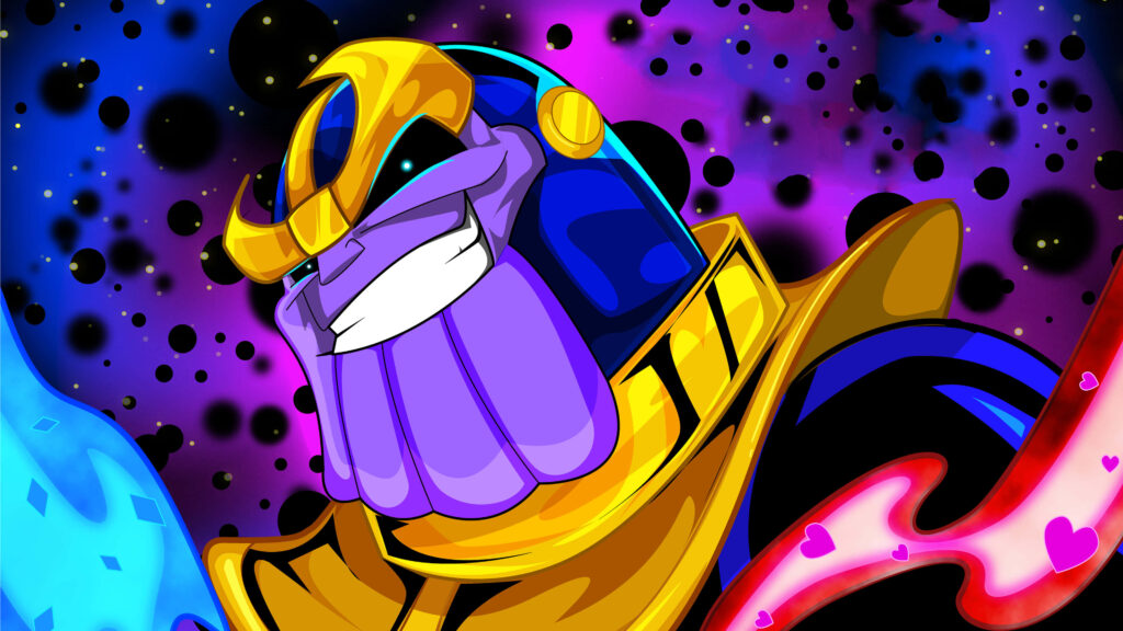 Vibrant 4K Thanos Cartoon Wallpaper with Cosmic Background
