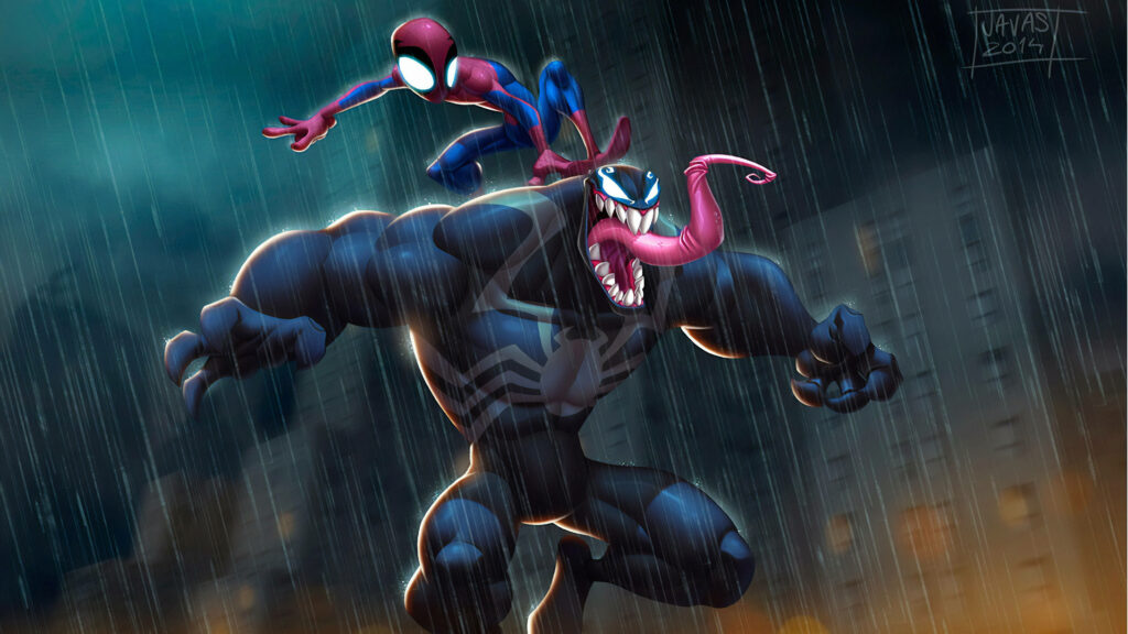 Dynamic Venom vs. Spider-Man: Rainy Urban 4K Cartoon Wallpaper