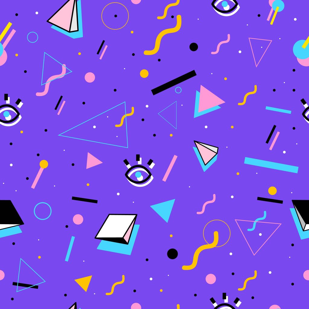 80s retro digital wallpaper with vibrant purple Memphis pattern colorful shapes and wavy squiggles