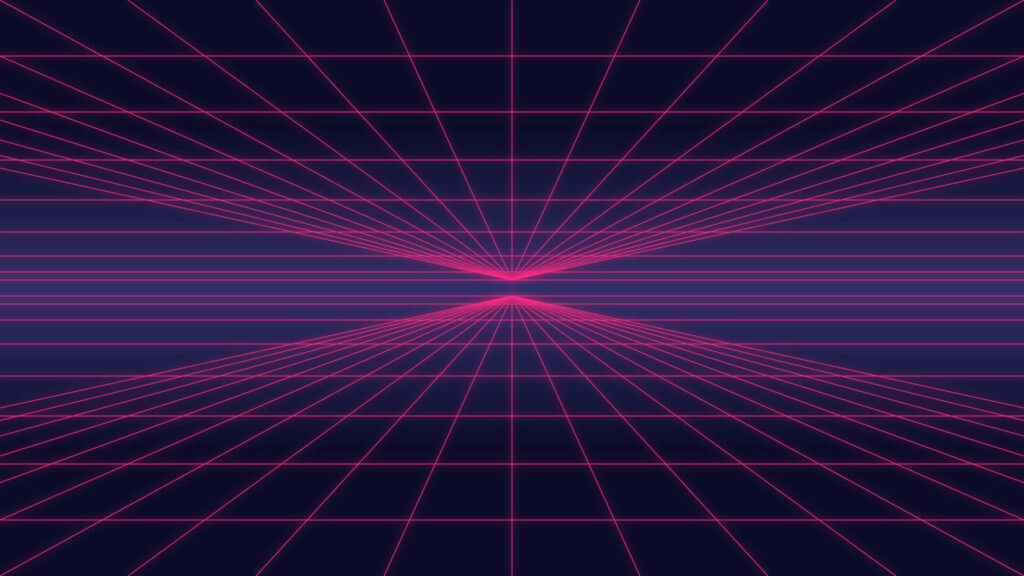 Vibrant Neon Pink 80s Retro Grid Wallpaper on Starry Background