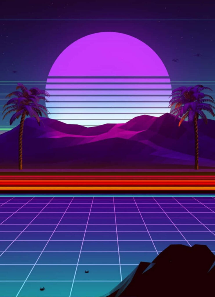 Nostalgic Paradise: Exquisite Palm Trees and Mountain Silhouette Immersed in Vibrant Vaporwave Gridlines Wallpaper