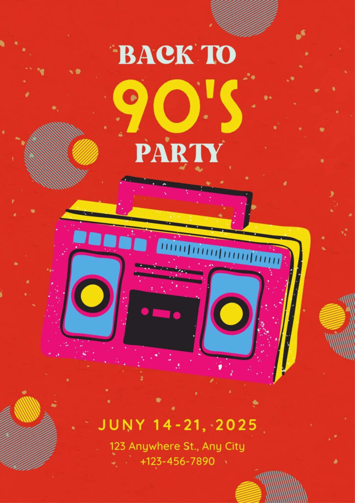 90s Boombox Wallpaper: Colorful Retro Design on Bold Red Background