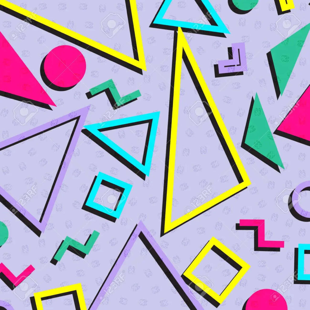 Vibrant 90s Geometric Wallpaper with Grey Background & Bright Colors
