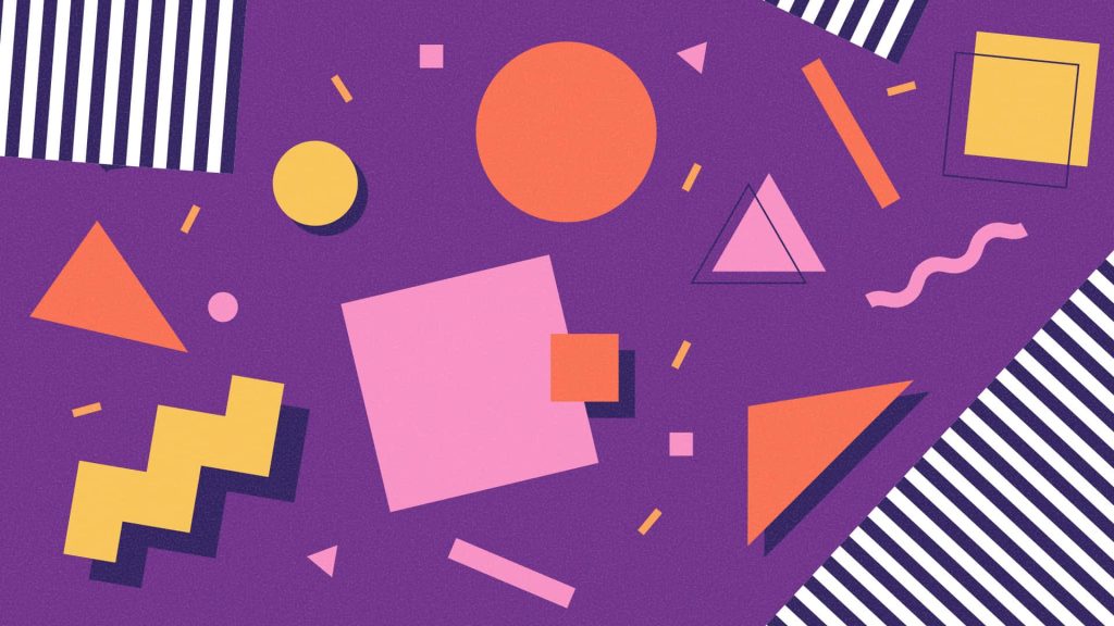 Vibrant 90s Memphis style wallpaper with colorful geometric shapes on deep purple background