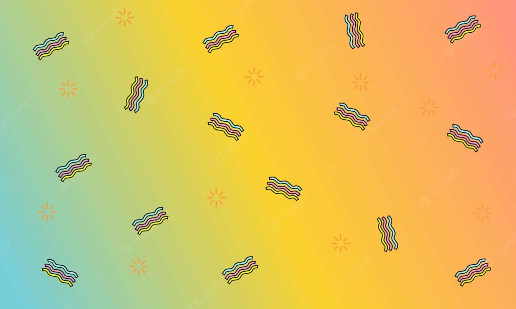 Vibrant 90s digital wallpaper with colorful squiggles starbursts on teal to orange gradient background