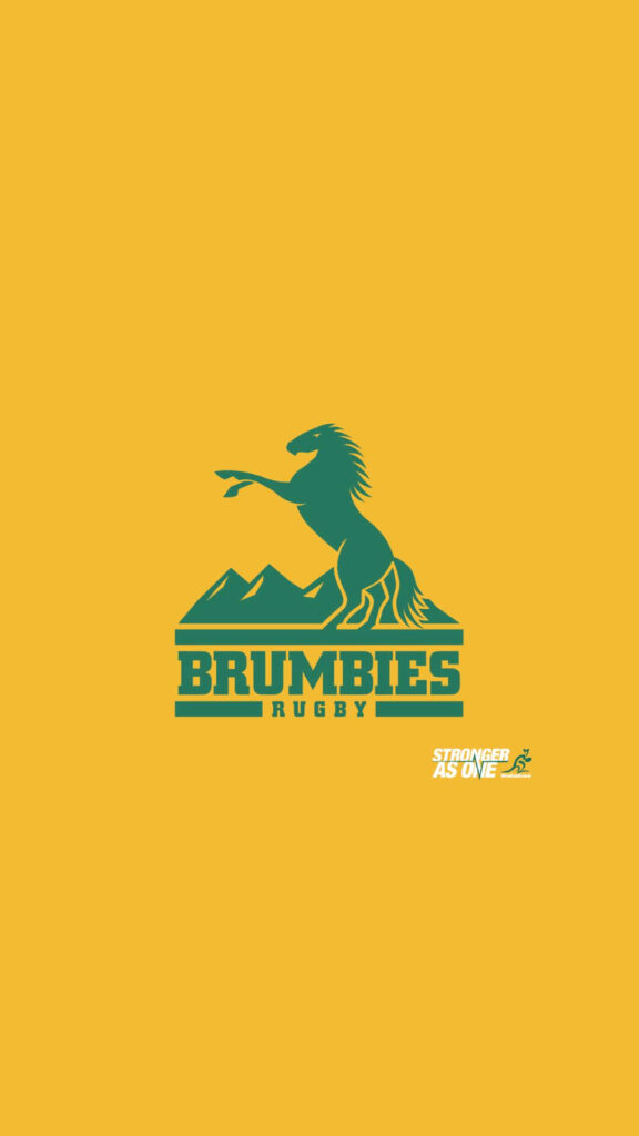 Bold green ACT Brumbies horse rearing over mountains on yellow background with rugby logo Wallpaper