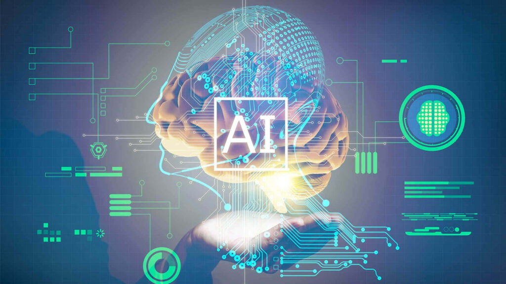 Vibrant AI Technology Illustration: Glowing Brain & Digital Circuits Wallpaper