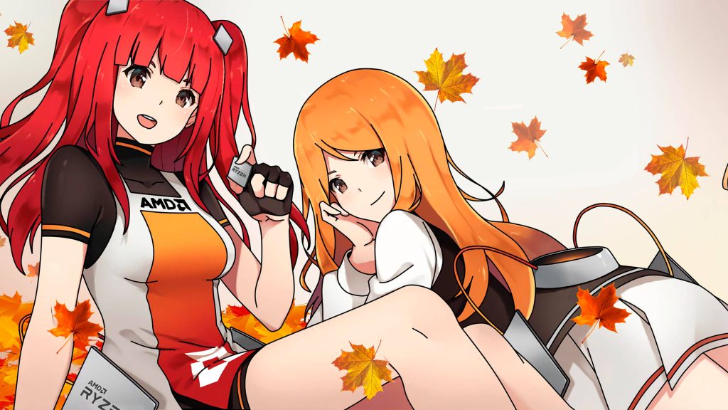 Vibrant anime wallpaper of AMD Ryzen-tan and Radeon-tan with autumn leaves background