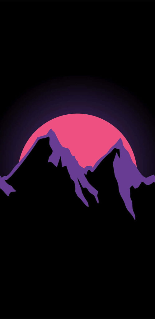 Bold Purple Mountain AMOLED Wallpaper with Pink Sun/Moon Background