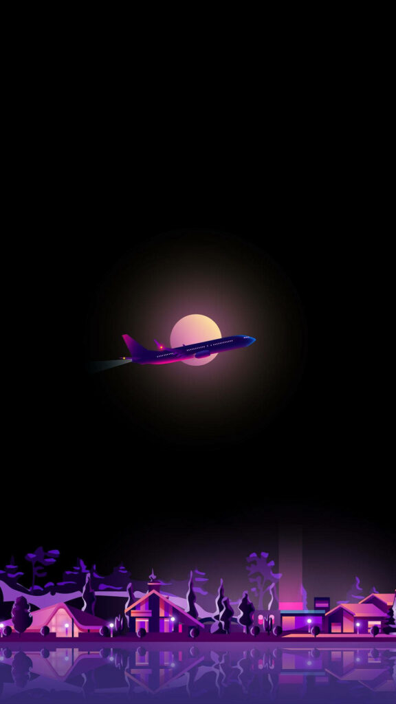Vibrant AMOLED Wallpaper: Airplane over Moonlit Cityscape