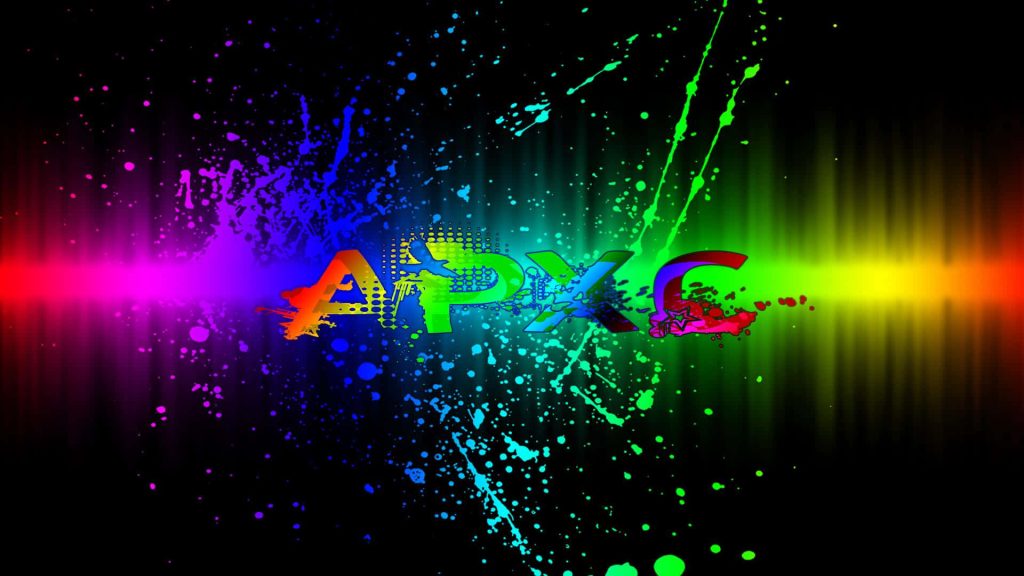 Vibrant digital wallpaper with APXC text neon paint splatters rainbow spectrum black background
