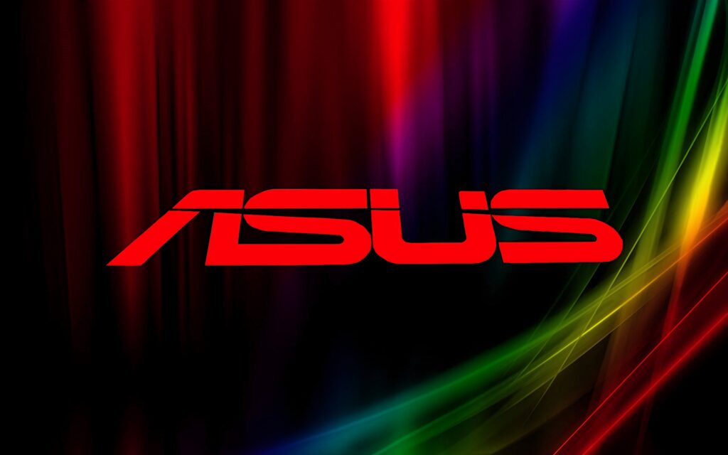 Vibrant ASUS wallpaper with bold red logo and dynamic red green blue light streaks background