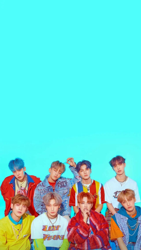 Colorful ATEEZ Wallpaper: All Members in Stylish Outfits on Blue