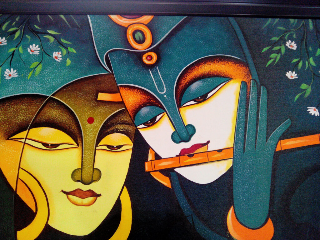 Vibrant 3D Radha Krishna Art with Floral Elegance Wallpaper
