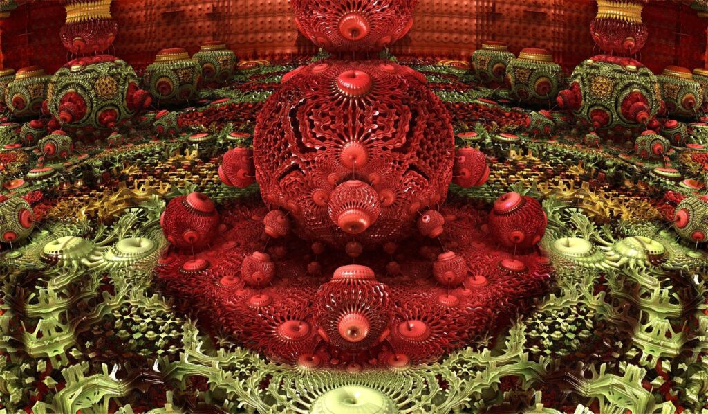 Vibrant Abstract 3D Wallpaper: Interlocking Spheres in Red & Green