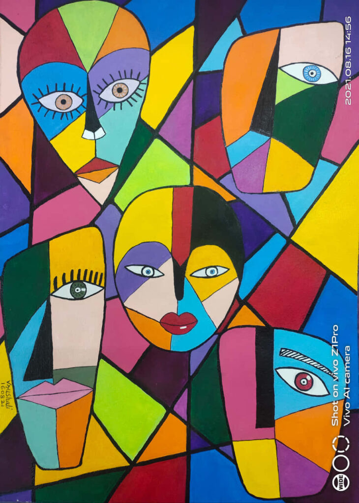 Vibrant Abstract Mosaic Wallpaper: Colorful Geometric Faces Background