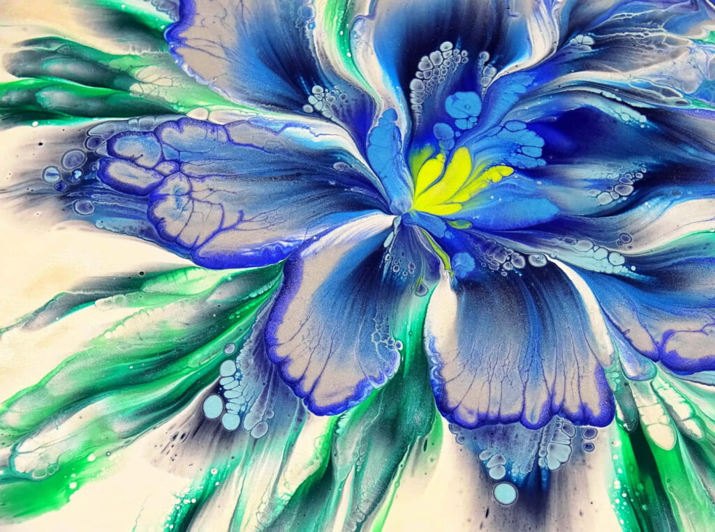 Vibrant Abstract Blue Flower Wallpaper with Green & Yellow Splashes
