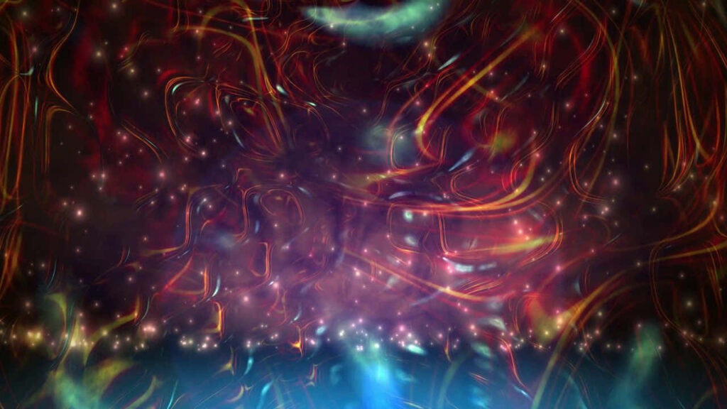 Vibrant Cosmic Dance Wallpaper: Abstract Art in Red, Orange, Blue