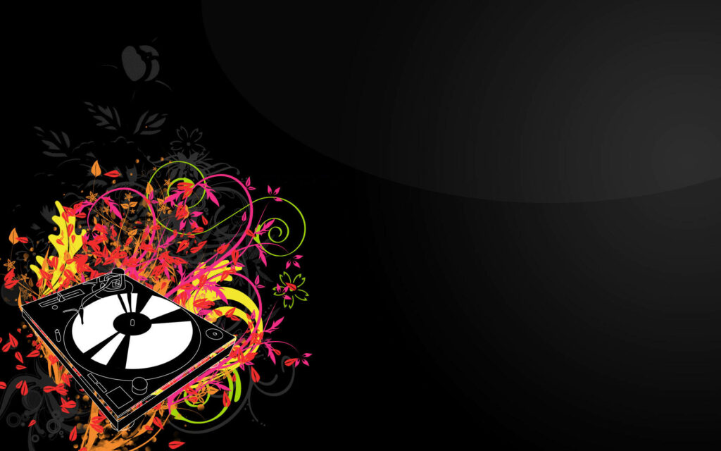 Vibrant Abstract Disco Wallpaper with DJ Turntable & Neon Elements