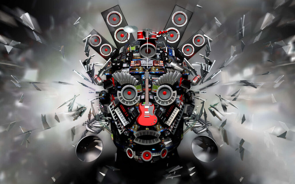 Vibrant Abstract Face Wallpaper with Musical Instruments & Glass