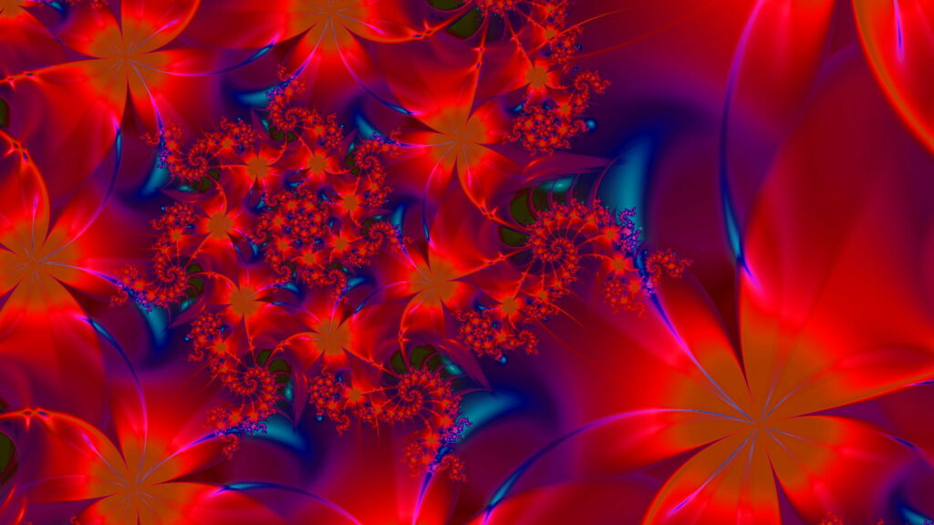 Enchanting Symphony of Vibrant Red and Blue Fractal Patterns: Abstract Floral Extravaganza in QHD Wallpaper