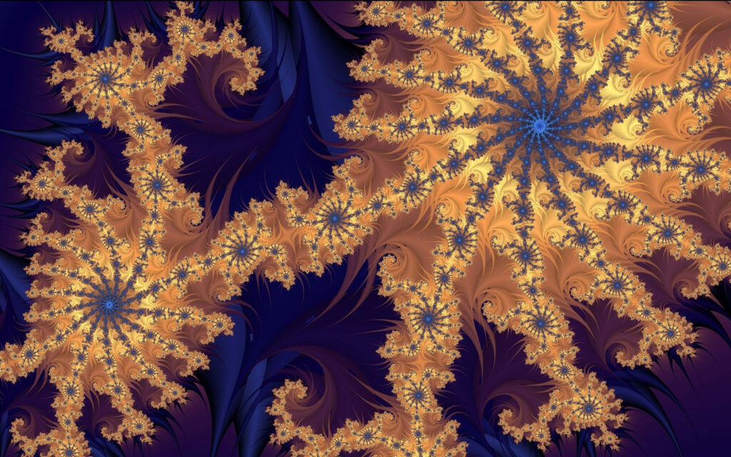 Vibrant Abstract Background: Gold Fractals on Rich Purple Wallpaper