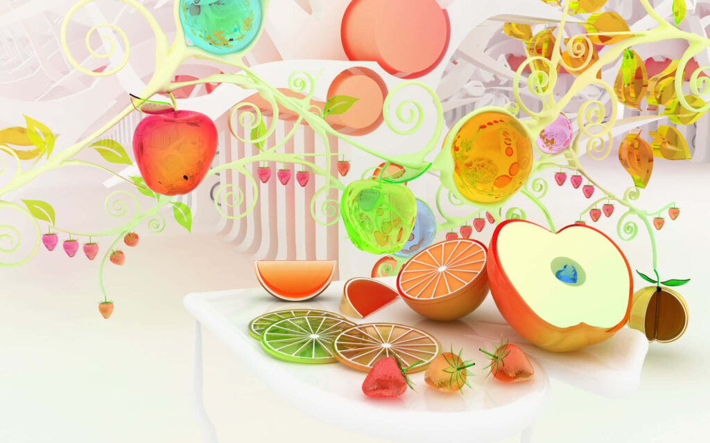 Colorful Fruit Abstract Wallpaper: Vibrant Swirls & Whimsical Designs
