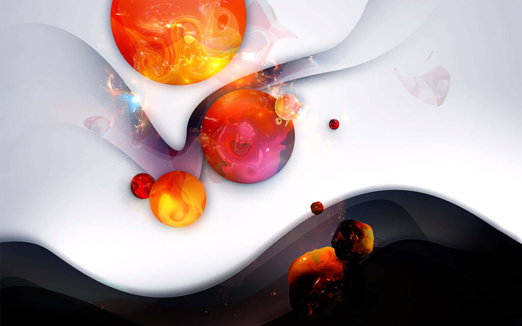 Vibrant Abstract Gaming Wallpaper: Swirling Orbs on Monochrome Background
