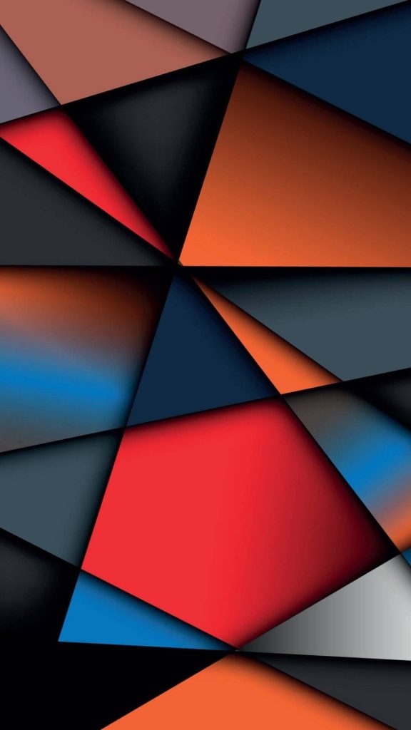 Abstract geometric wallpaper with layered red orange and blue polygons creating 3D depth effect