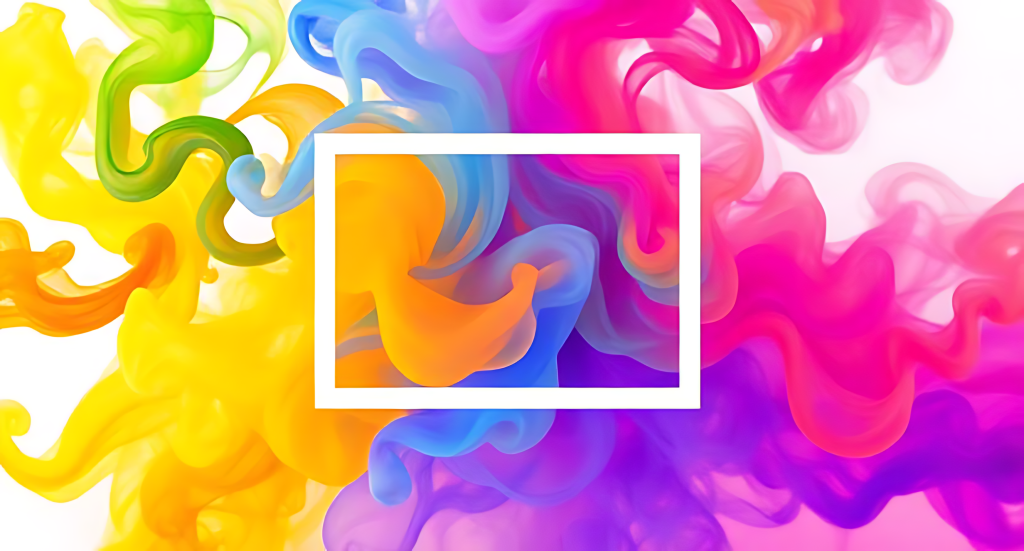 Vibrant abstract wallpaper with colorful pink yellow blue ink swirling in water and white frame