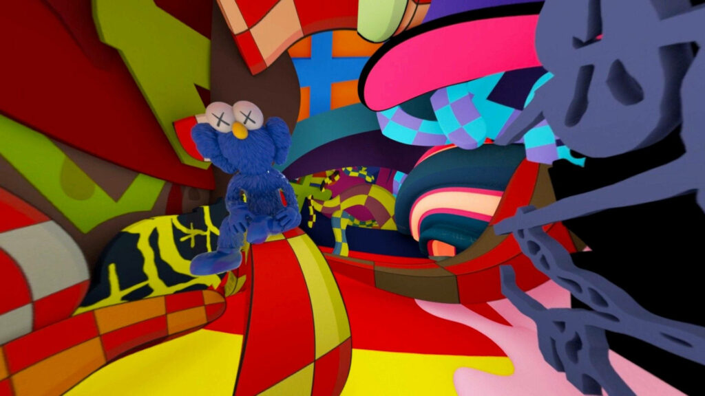 Vibrant abstract wallpaper with playful blue Kaws BFF character in swirling colorful patterns