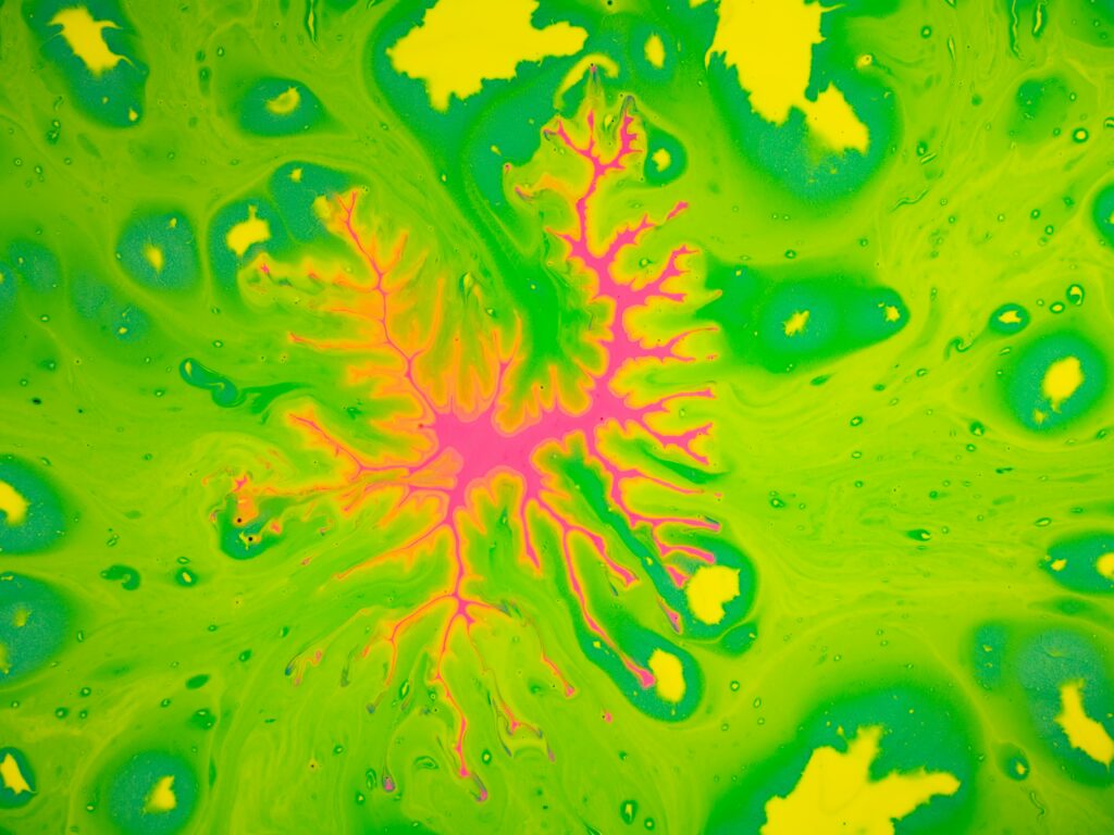 Vibrant Abstract Liquid Paint Wallpaper in Green, Yellow & Pink