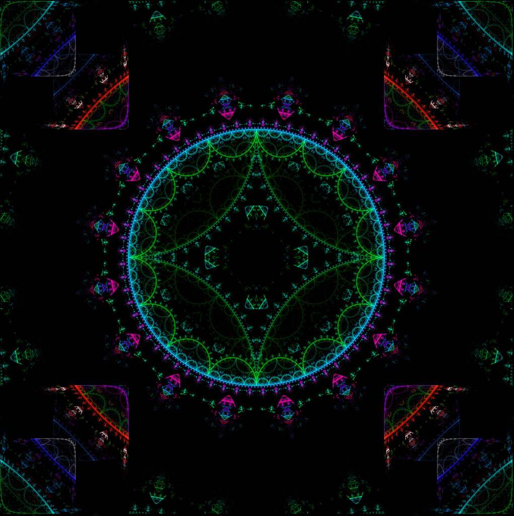 Vibrant Abstract Mandala Wallpaper in Neon Colors on Dark Background