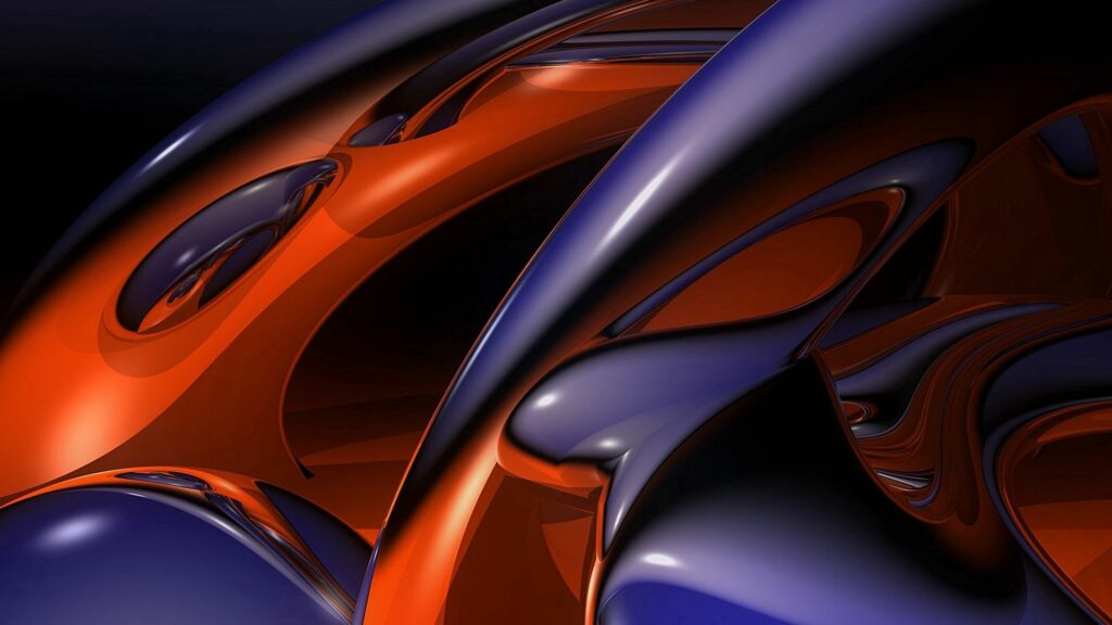 Vibrant Abstract Wallpaper: Glossy Metal Designs in Orange & Blue