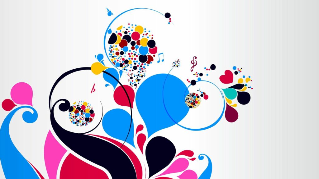 Vibrant Abstract Wallpaper: Musical Notes & Treble Clefs | 1920x1080