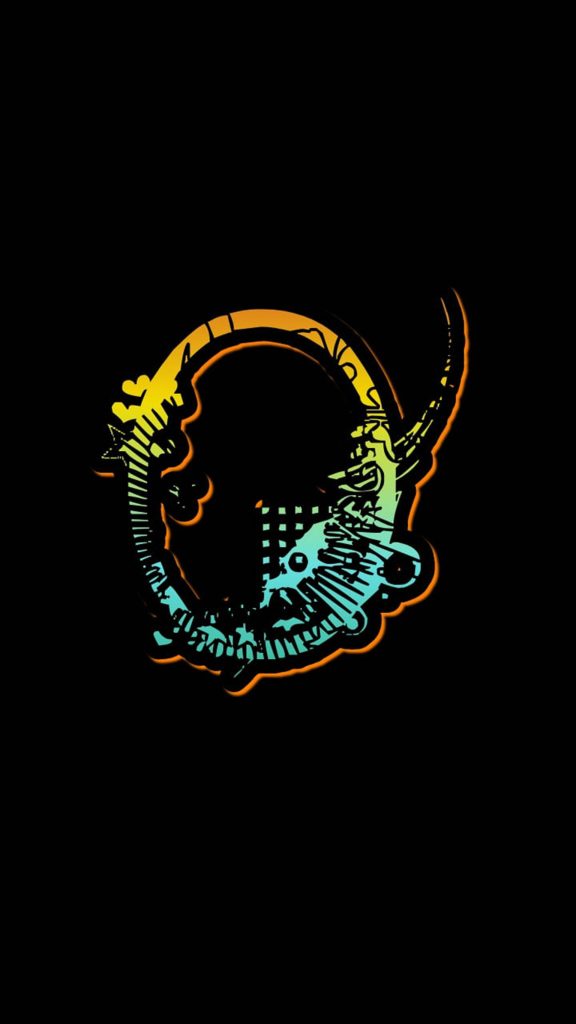 Abstract O wallpaper with vibrant orange to teal gradient and intricate patterns on black background