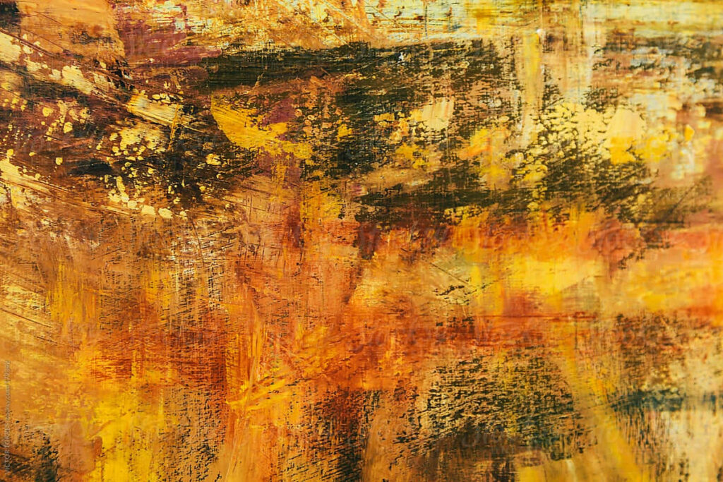 Vibrant Abstract Painting in Yellow, Brown, and Orange Background Wallpaper