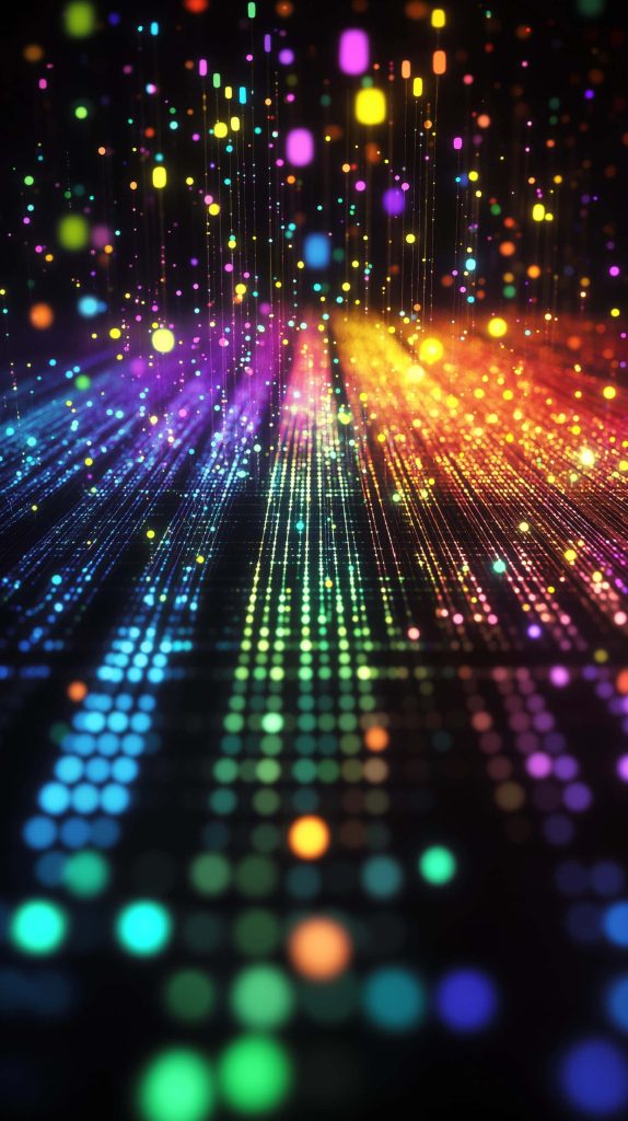 Vibrant abstract digital wallpaper with glowing multicolor particles and vertical light trails