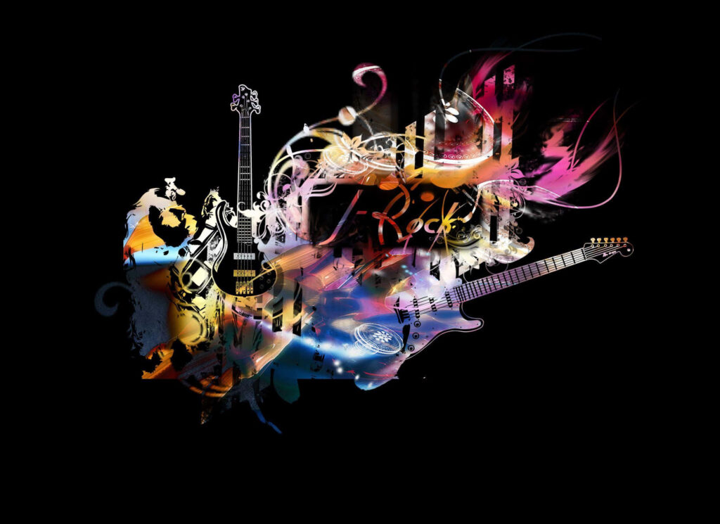 Vibrant Abstract Rock Music Wallpaper: Electric Guitars & Colorful Swirls