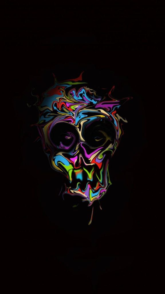 Abstract skull iPhone wallpaper with vibrant swirling liquid colors on black background