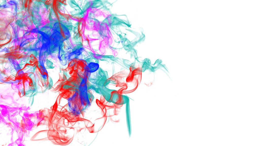 Vibrant abstract wallpaper with colorful smoke swirls red blue magenta teal on white background