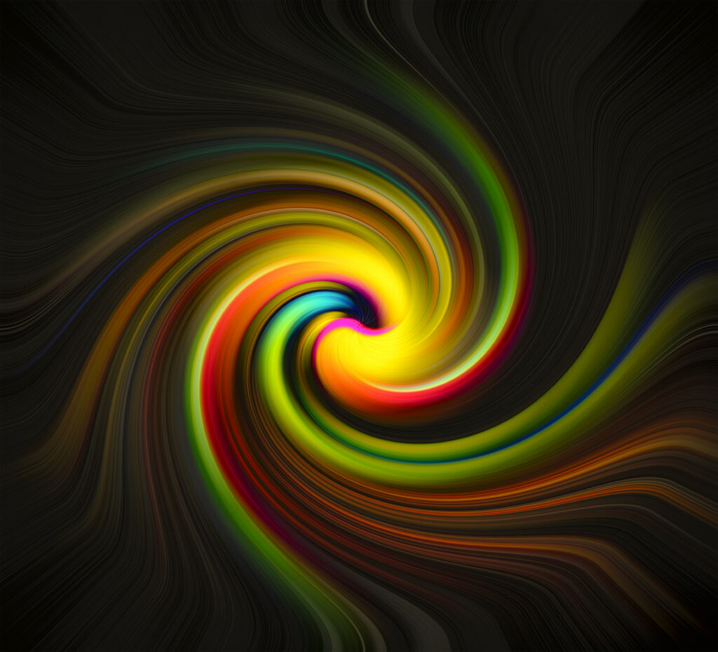 Vibrant Abstract Spiral Wallpaper: Multicolored Stripes on Dark Background