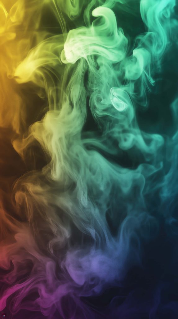 Abstract swirling smoke wallpaper in vibrant yellow green blue and purple gradient background