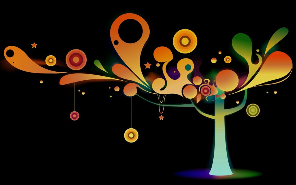 Stylized Colorful Tree Wallpaper on Black Background - Whimsical Design