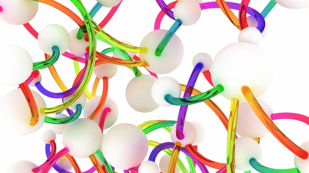 Vibrant Abstract Wallpaper: Colorful Tubes & White Spheres Background